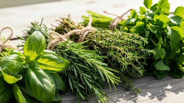 Assortment of fresh culinary herbs on wooden surface