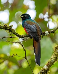 A brightly colored male bird perches on a mossy branch in a lush, green forest environment