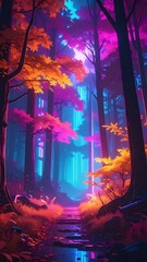 A brightly colorful forest scene with vibrant pinks, oranges, and blues creating an ethereal mood