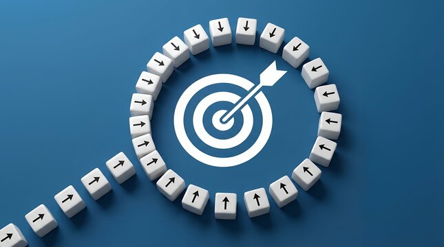A circular arrangement of white cubes with black arrows pointing towards a central white target with an arrow symbolizing focus and direction goal aim success achievement strategy