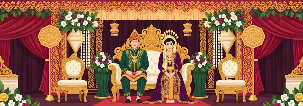 Acehnese Bride and Groom Sitting on Traditional Wedding Stage Pe