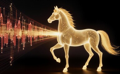 Golden horse gallops through digital cityscape, glowing particles illuminate futuristic urban skyline.