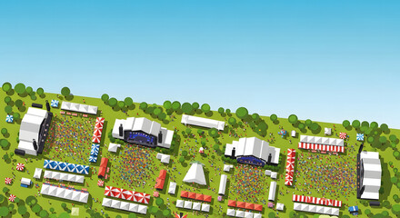 Aerial view of outdoor music festival grounds featuring stages,