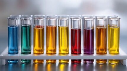 Sterile glass test tubes filled with colored liquids arranged symmetrically on a white rack Soft bokeh isolates the
