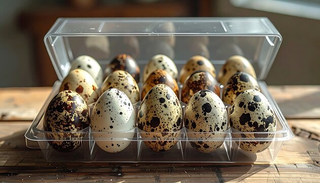 A dozen speckled quail eggs nestled in clear plastic egg carton. Sunlight on wooden table