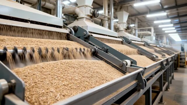 Medium shot of gravity tables sorting bran and germ from endosperm stream showcasing precise mechanical separation through oscillating tables in a grain processing plant.