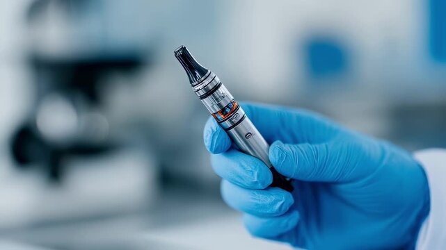 Closeup medium shot of a technician inspecting the electrical components of an ecigarette device with a blurred lab background to emphasize detailed quality control.