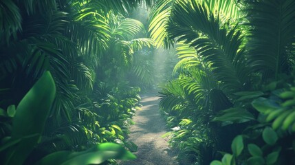 Lush jungle path bathed in sunlight