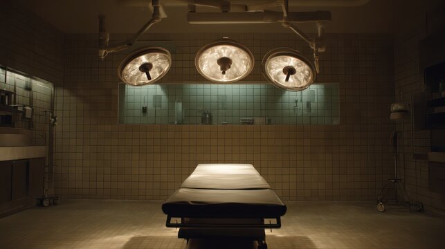 Sterile surgical room scene spotless operating table overhead lamps softly illuminated and clean tiled walls Balanced exposure emphasizes