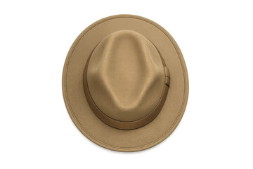 Classic tan fedora hat with a dark brown ribbon band, isolated on black background