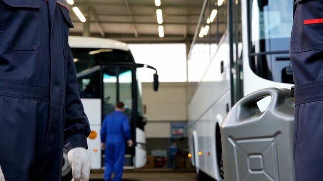 Two mechanics in dark uniforms servicing buses inside a garage, one holding a fuel container while the other works on a bus