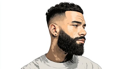 Obraz premium Caucasian male with beard and fade hairstyle facing profile.