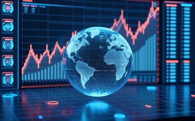 Digital globe surrounded by financial charts and data dashboards on futuristic interface.