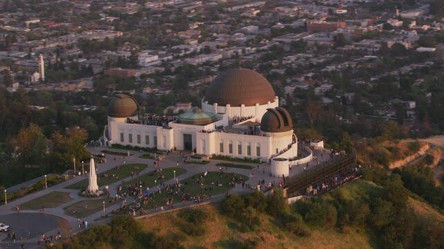 Aerial view of Griffith Observatory in Los Angeles, California.  Shot from helicopter with stabilized gimbal and RED camera. 
