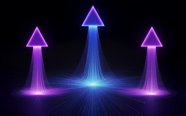 Three glowing arrows ascend in neon purple and blue, radiating energy against a dark void.