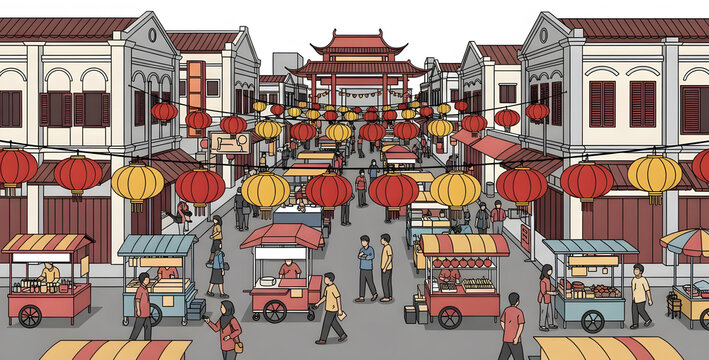 Busy street market scene in Chinatown with traditional shophouse