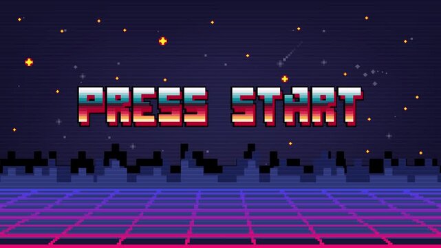 PRESS START INSERT A COIN TO CONTINUE .pixel art .8 bit game.retro game. for game assets in vector illustrations.Retro Futurism Sci-Fi Background. glowing neon grid.and stars from vintage arcade comp