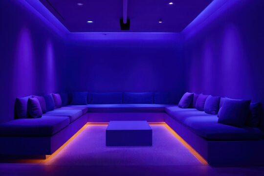 Ultra-modern bold violet interior with modular split-level seating underfloor lighting and glowing corner shadows