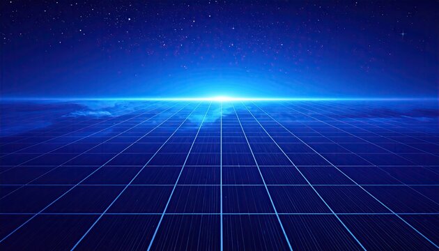 Digital grid vanishing into glowing horizon with starry sky