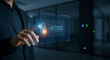 Secure online payment approved with digital lock interface