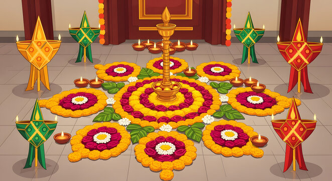 Colorful Pookalam floral arrangement, traditional Nilavilakku la