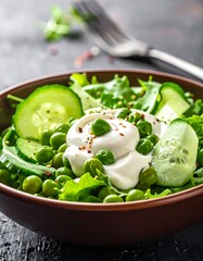 A brown bowl with a pea salad, cucumber, lettuce, and cream dressing sits against a dark backdrop