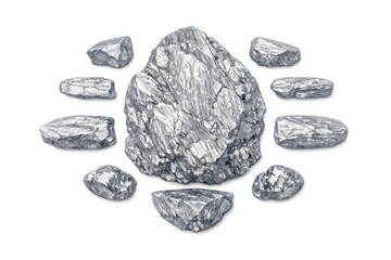 Collection of raw metallic ore chunks arranged around a central large piece