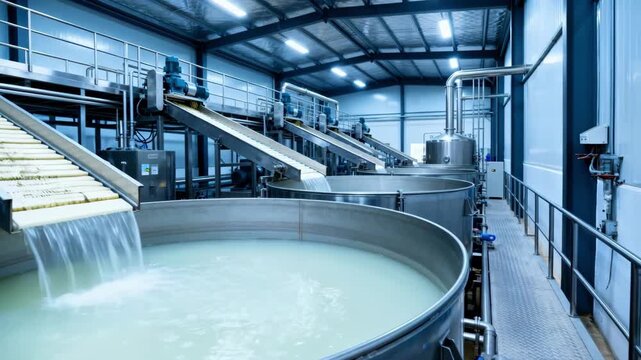 Medium shot capturing solvent extraction line featuring lowaroma technology showing controlled flow in conveyor belts and large processing tanks.