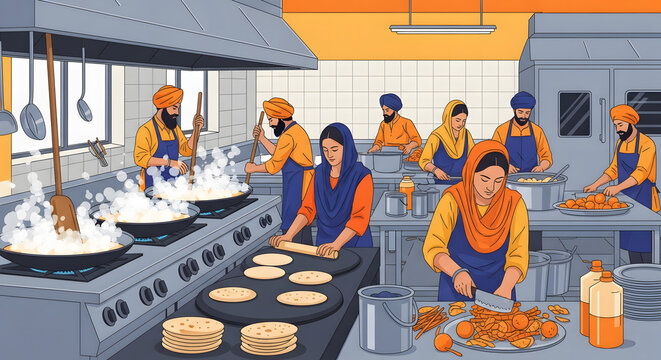Community kitchen volunteers cooking traditional meals on commer