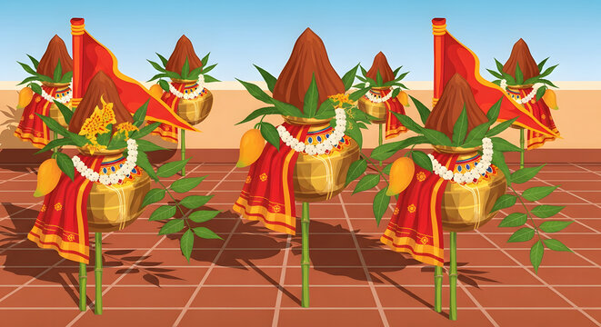 Composition of traditional Purna Kalash setups with flags and ma