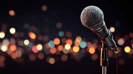 Obraz premium Close-up of microphone with colorful bokeh background in warm lights.