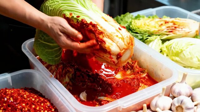 Medium shot of hands mixing spicy seasoned cabbage in large foodsafe tubs showcasing vibrant red chili flakes and fresh garlic for a mild kimchi batch in a clean production