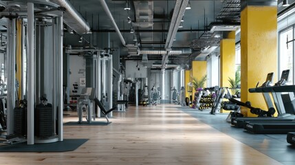 Modern fitness gym interior with equipment and bright yellow accents.