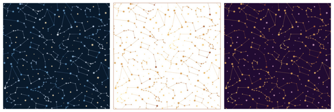 Set of seamless pattern with zodiac constellation. Vector illustration
