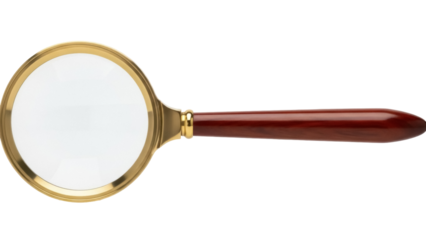 Isolated antique style magnifying glass with golden frame and wooden handle on plain backdrop