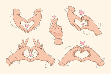 Set of hands making heart shape love gesture. Vector illustration