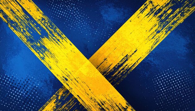 Textured blue background with bold yellow diagonal brush strokes forming an X