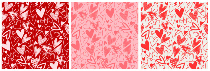 Set of Valentine seamless surface pattern with hand drawn hearts. Vector illustration