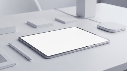 Modern tablet and stylus on a clean desk with minimalist office accessories.