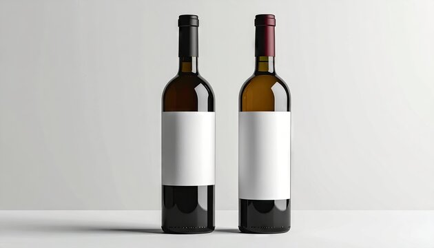 Two bottles of wine displayed upright with blank labels in a studio setting