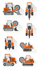 Vector Illustrations Of Industrial Trenching Equipment In Modern Flat Design Style For