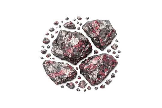 Raw mineral ore with striking red and silver inclusions on a black background