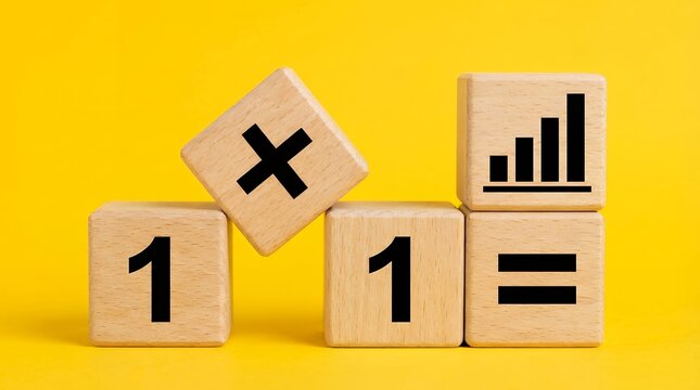Wooden cubes display mathematical symbols and numbers forming an equation with a growth chart graphic against a vibrant yellow backdrop education learning mathematics blocks calculation
