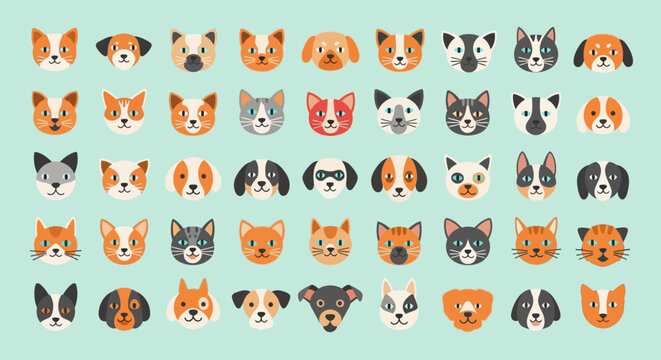 Collection of various cat and dog faces in different colors and patterns.