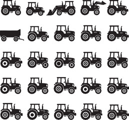 Naklejka premium Black and white silhouettes of various tractors and farming equipment arranged in a grid pattern also transparent background