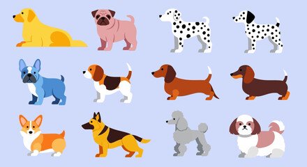 Collection of cartoon dogs in various breeds and colors.