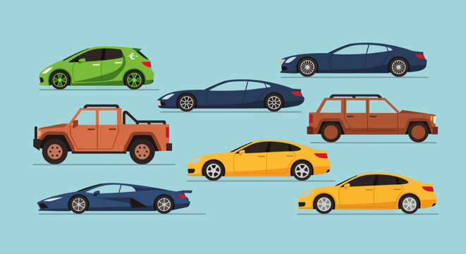 Collection of colorful cars in various styles and designs.