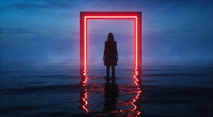 水面に立つネオンゲートと未来を見つめる女性の後ろ姿