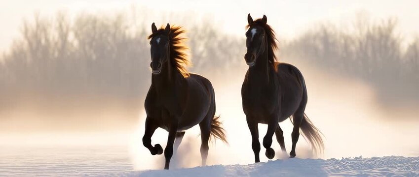 wo horses galloping together in snow, medium shot, synchronized motion, snow spray frozen