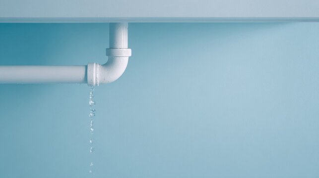 Minimalist white leaking pipe with running water against clean blue wall background